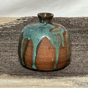 Vintage Hand-Crafted Signed Art Pottery Small Bud Vase w/ Turquoise Drip Glaze